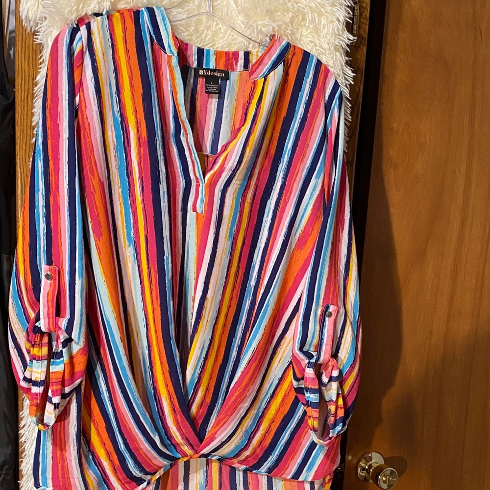 By Design Women’s Colorful Striped V-Neck Blouse. Size L